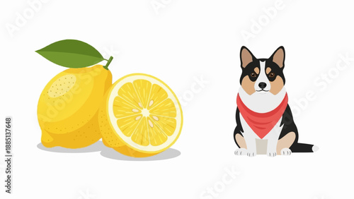 A cartoon dog with a red bandana sits next to bright yellow lemons