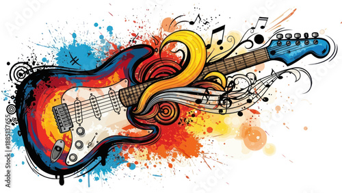 Electric guitar with colorful abstract paint splashes and musical notes