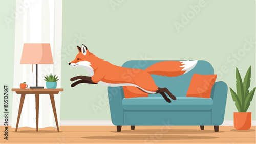 A cartoon fox leaps playfully over a blue couch in a living room