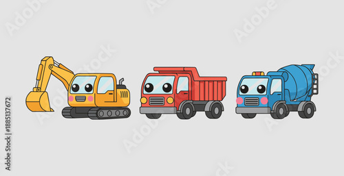 Cute cartoon construction vehicles set including yellow excavator red dump truck and blue concrete mixer with funny faces on grey background