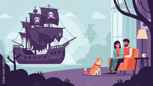 A couple and their dog indoors watch a ghostly pirate ship sail by