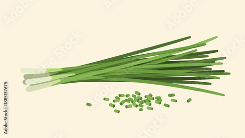 A bundle of fresh green chives with a pile of chopped pieces beside it