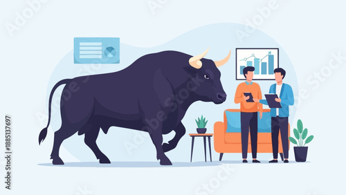 A bull charges into a room where two men look at charts