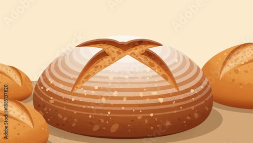 A close-up illustration of rustic loaves of bread