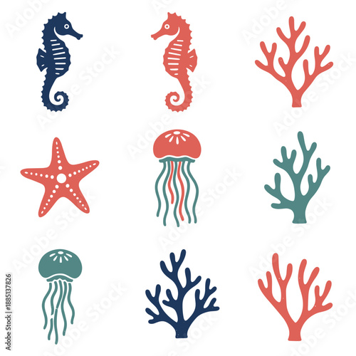 Sea Life Silhouette Icons Set Featuring Seahorses Coral Reef Starfish and Jellyfish in Nautical Colors for Marine Biology and Ocean Design Theme