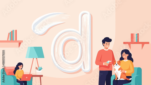 A cozy living room scene with a family, their dog, and a laptop