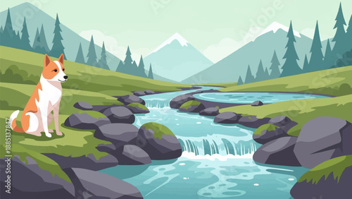 A dog sits beside a flowing river in a mountainous landscape with pine trees