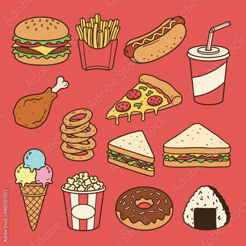 Delicious Fast Food and Snacks Illustration Set Featuring Burger Fries Pizza Hot Dog Fried Chicken Sandwich Donut Ice Cream and Popcorn on Red