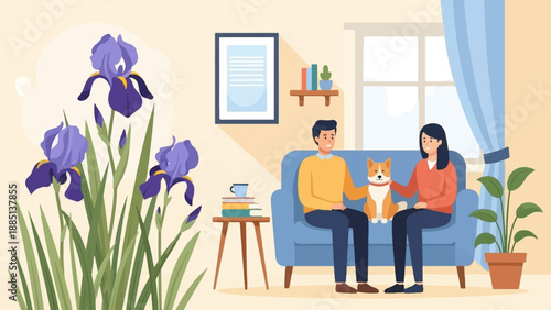 A couple and their dog relax on a sofa near irises by a window