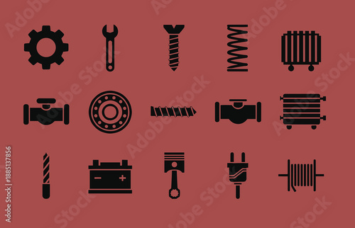 Industrial Engineering and Mechanical Parts Silhouette Icons Including Gear Wrench Screw Spring Radiator Valve Bearing Piston and Battery Set
