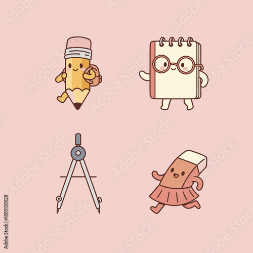 Back to school stationery characters set with cute pencil, notebook, compass and eraser icons on pink background for educational design