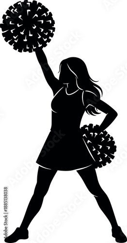 Dynamic Silhouette of a Female Cheerleader Holding Pom Poms in a Proud Athletic Pose Isolated on White Background Vector Illustration