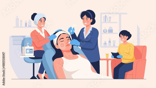 A beauty treatment session with a client receiving injections and a consultant observing