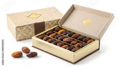 Luxury gold Ramadan dates box mockup for premium holiday gift sets and traditional retail branding on white background.
