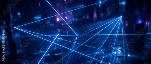 Blue Laser Beams and Scanner Lights in Futuristic Space