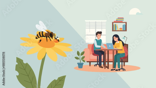 A bee on a flower contrasts with a duo working indoors