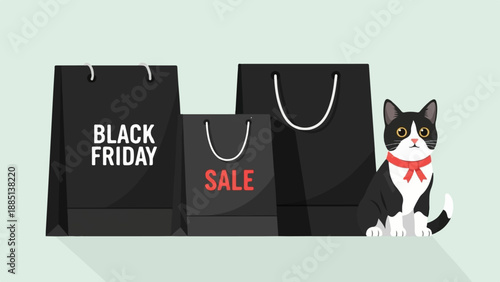 A black and white cat sits by shopping bags for Black Friday sale