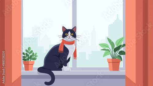 A black and white cat with an orange scarf sits on a windowsill