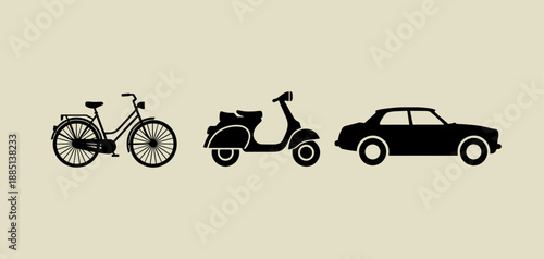Silhouette Vector Icons of Transport Evolution Featuring Vintage Bicycle Retro Scooter and Classic Sedan Car Isolated on Plain Background