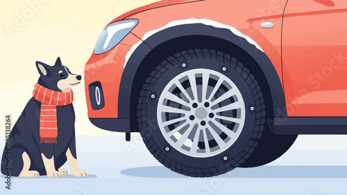 A black and white dog wearing a striped scarf sits beside a red car in the snow