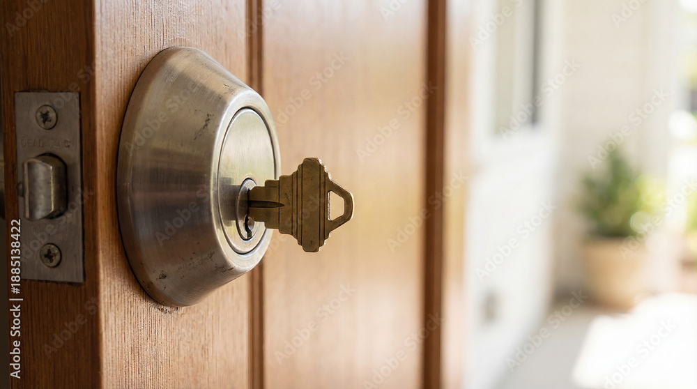 Obraz premium Landlord Key Plugged into House Door Lock, Real Estate Access Concept