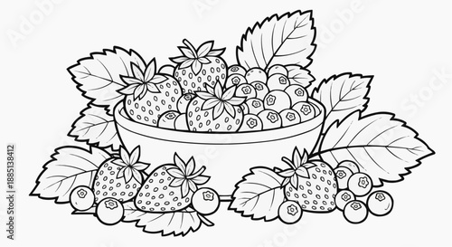 Children's coloring book - Bowl of strawberries and blueberries with leaves in outline style  