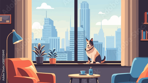 A dog sits on a windowsill overlooking a city skyline from a cozy room