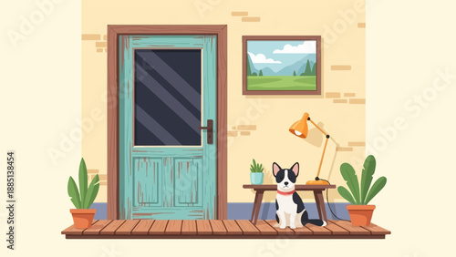 A dog sits on a wooden porch by a teal door, with plants and a lamp