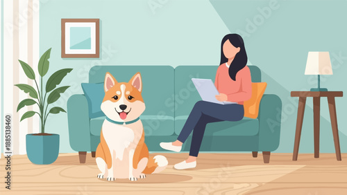 A dog sits on the floor while a person works on a laptop on the couch