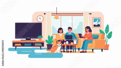 A cozy living room scene with people working on laptops and pets
