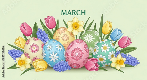 Colorful easter eggs and spring flowers arrangement with tulips daffodils and grape hyacinths on light green background for march celebrations