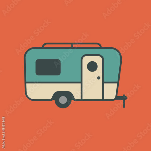 Vintage Style Travel Trailer Caravan Icon in Flat Design Isolated on Orange Background for Camping Road Trip and Outdoor Adventure Concept Art