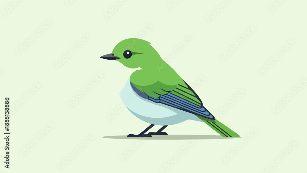 Obraz premium A cute, stylized green bird with a light blue belly sits on a surface