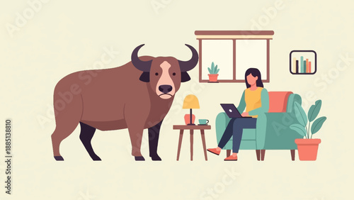 A brown buffalo stands beside a woman working on a laptop in a cozy room