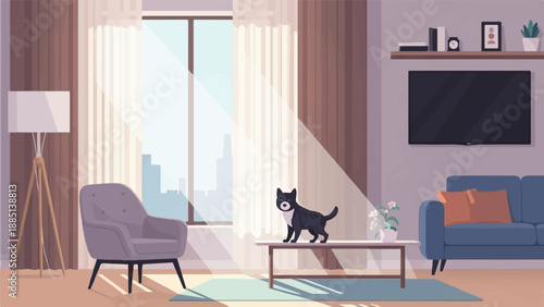 A cozy living room with a black cat standing on a coffee table