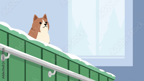 A brown and white dog sits on a snowy ledge under a frosty sky