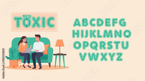 A couple and their dog sit on a couch with a laptop and alphabet letters