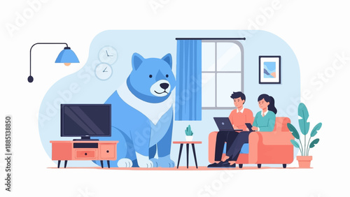 A cozy living room with a large blue dog, a couple on the sofa, and a TV