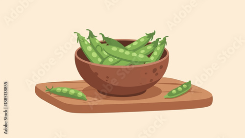 A brown bowl filled with green pea pods sits on a wooden cutting board