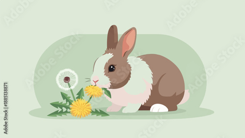 A brown and white bunny nibbles on yellow dandelions under a green oval