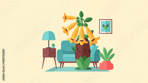 A cozy room scene with a vibrant plant and abstract art on the wall