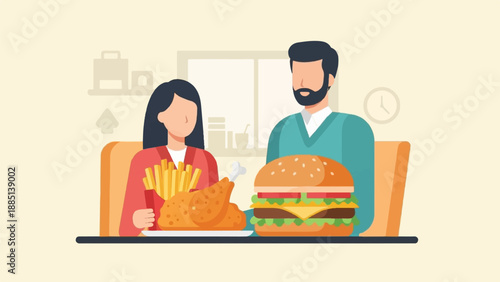 A couple enjoys a fast food meal of fried chicken, fries, and a large hamburger