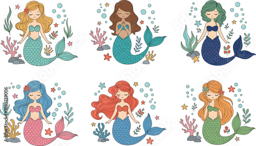 Beautiful little mermaid vector illustration set with colorful hair and tails surrounded by ocean plants and coral reef
