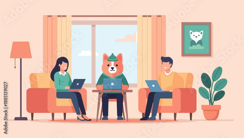 A dog-like character and two people work on laptops at home