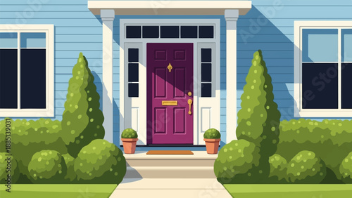 A bright purple door with golden hardware, framed by manicured bushes, on a blue house