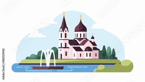 A domed church with a spire stands beside a tranquil lake with a fountain