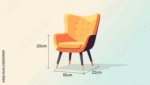 A bright orange accent armchair with tufted back, measured for dimensions