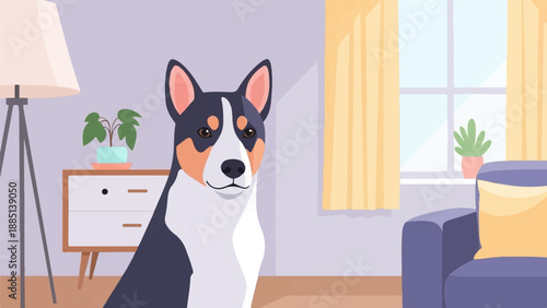 A domestic dog sits indoors near a lamp, dresser, couch, and window