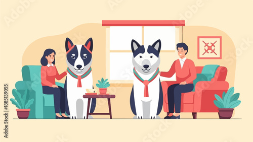 A domestic scene featuring a man and woman with two Siberian huskies on couches