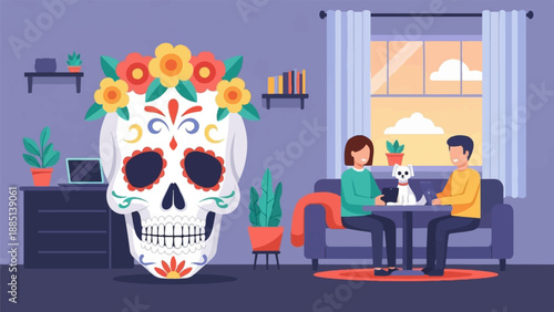 A domestic scene with a large sugar skull decoration